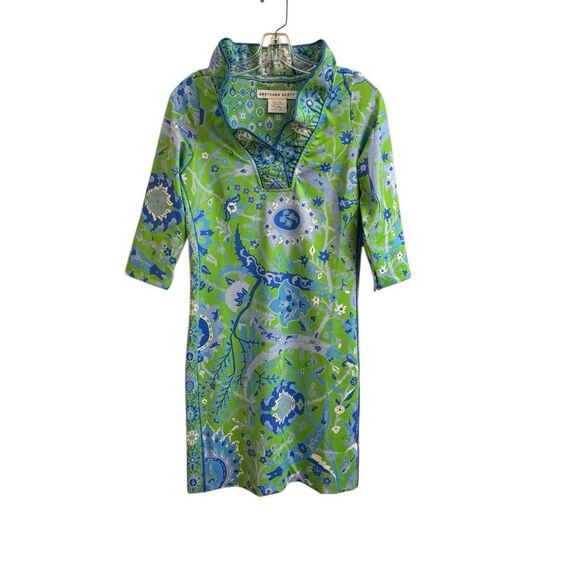Gretchen Scott Ruffle Neck Dress in Magic Carpet Green Blue Floral Size XS - Picture 1 of 6